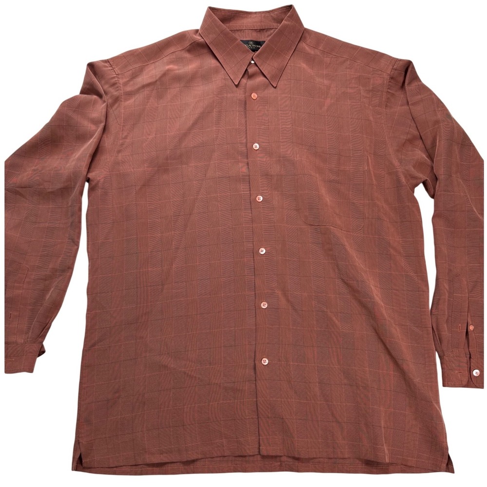 Bugatchi Uomo Mens XL Rust Orange Grid Plaid Modal Blend Long Sleeve Button Down